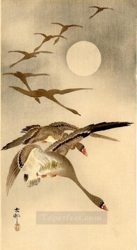 飛翔する八羽のマガン 大原古邨新版画の後ろに満月 Oil Paintings